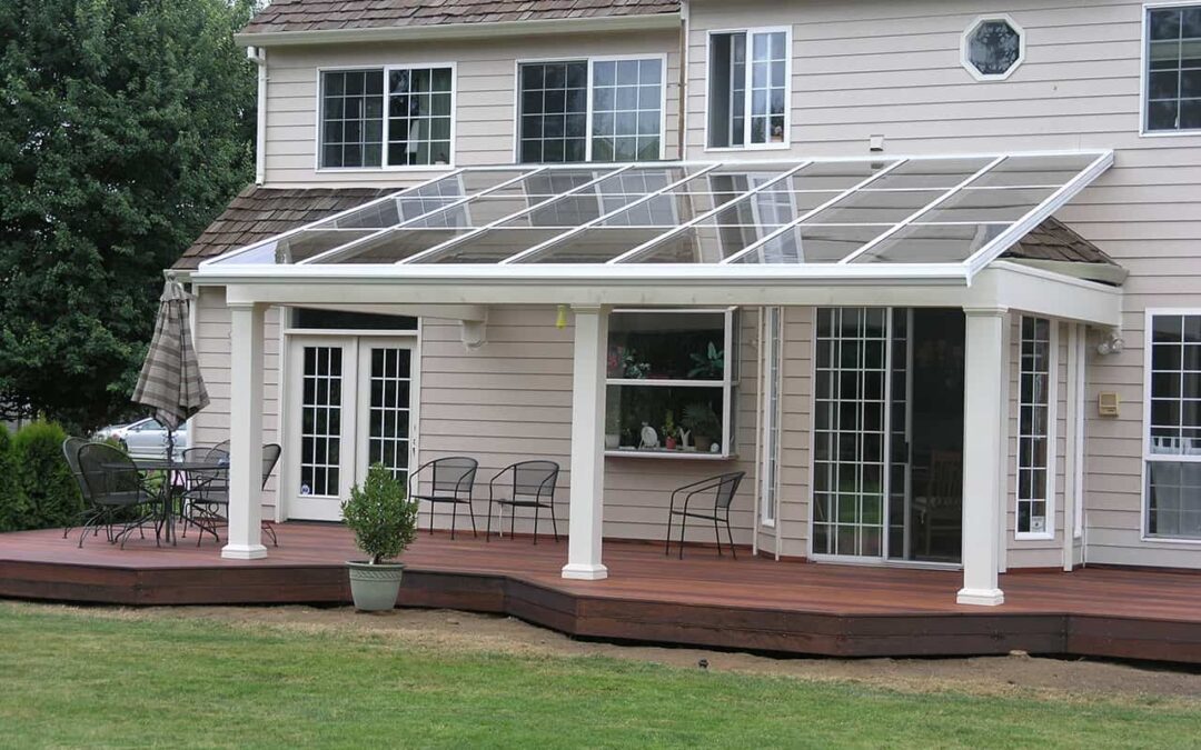 Glass Awning above patio, Global Solariums