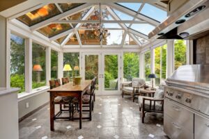 inside glass sunroom, bright sunny